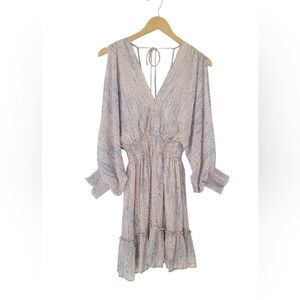 Lovestitch Blue and Cream Patterned Split Long Sleeve Dress Size S